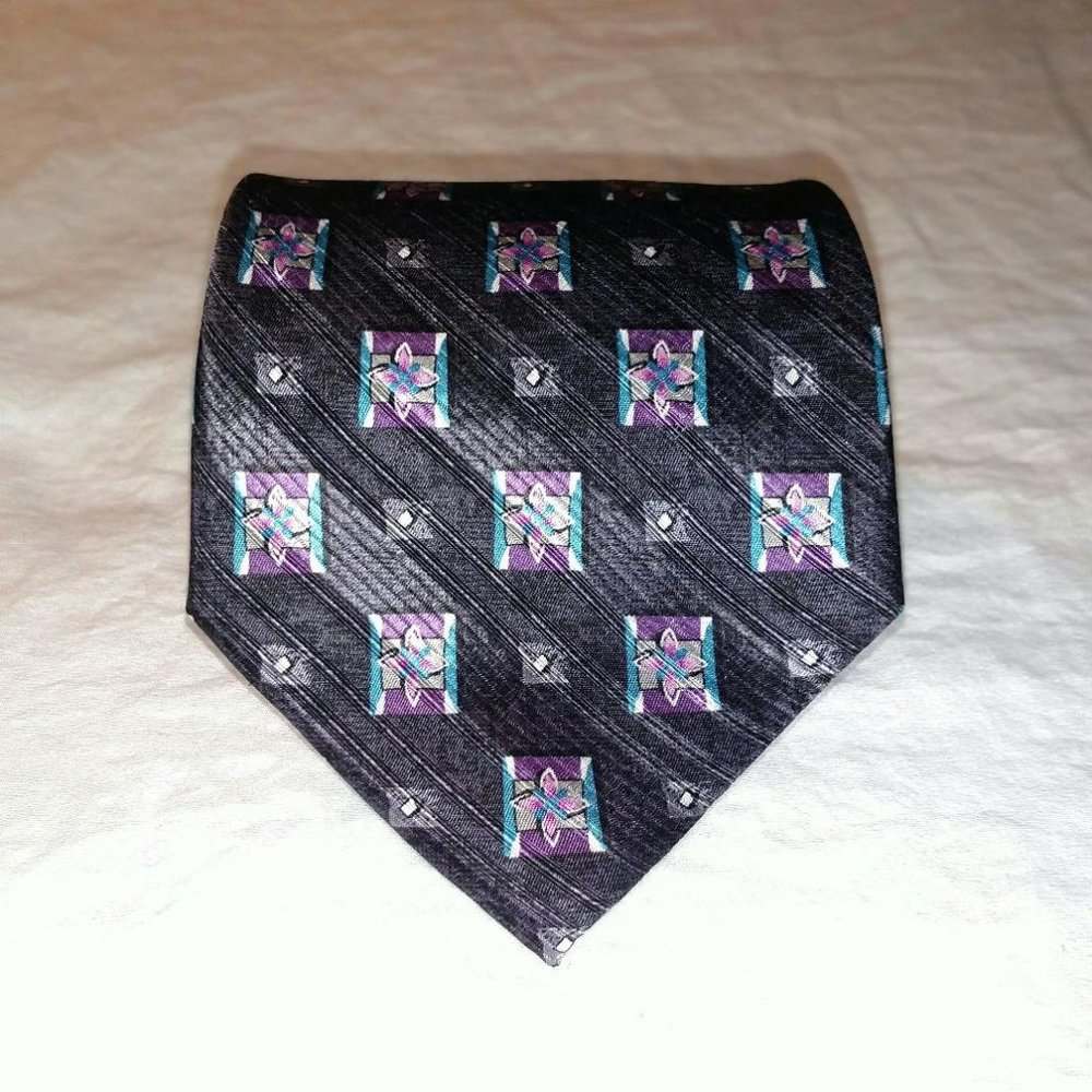 Zanzara Necktie Tie Black Purple Pink Blue Floral 100% Silk NWT $45 MSRP